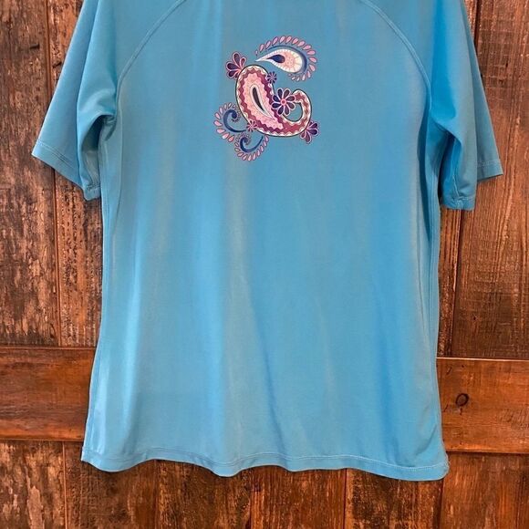 Kanu Surf Sz L Blue SwimSuit  Surfing Beach Paisley Short Sleeve RashGuard Top - Picture 8 of 10